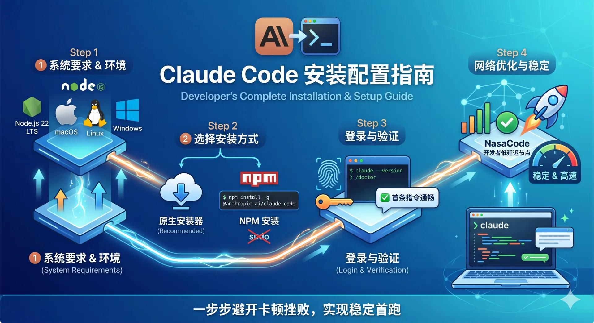 Claude Code 安装配置指南:从环境到稳定首跑 - NasaCode VPN